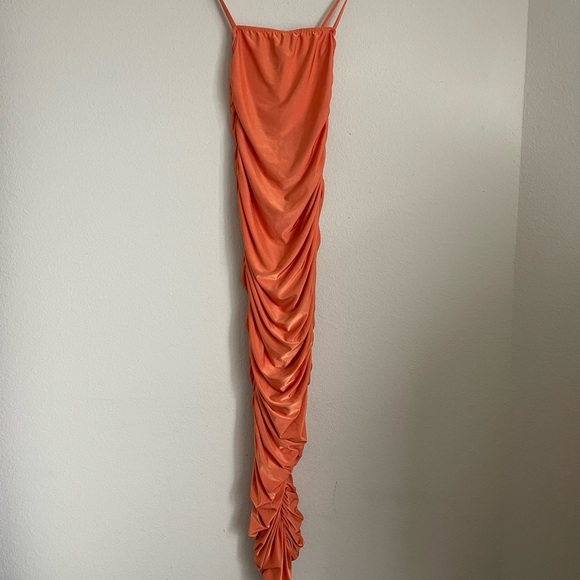 PrettyLittleThing Orange Ruched Maxi Dress Spaghetti Strap - Picture 1 of 6